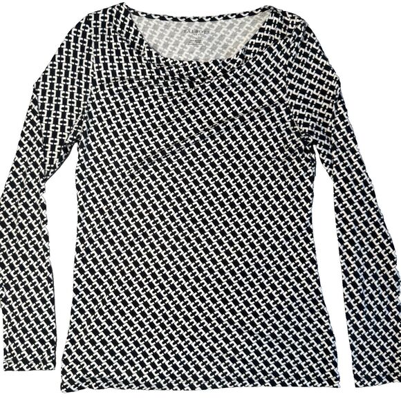 Talbots Tops - Talbots Black White Geometric Long Sleeve Drape Cowl Neck Top Women's M Stretch